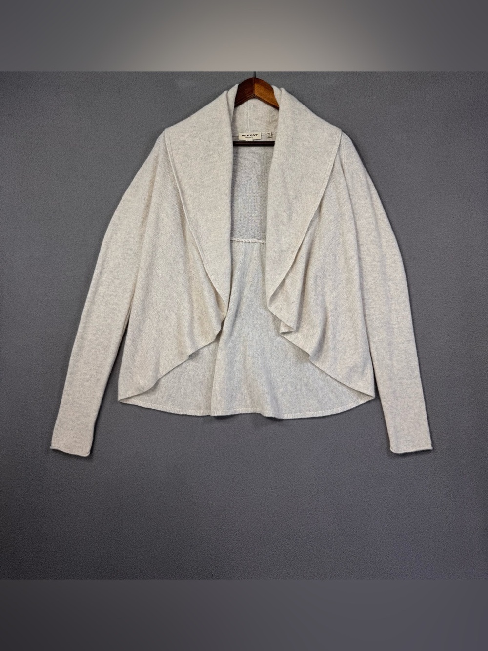 REPEAT Cashmere Lightweight Cream Open Front Draped Cardigan, 100% Cashmere, S